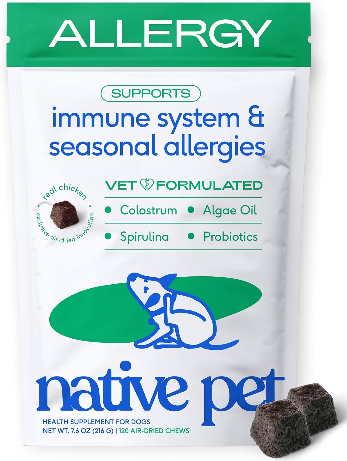 Native Pet Dog Allergy Chews for Medium Breeds - Itchy Skin and Seasonal Itch Support - Colostrum, Probiotics, Spirulina - 120 Chews by Native Pet
