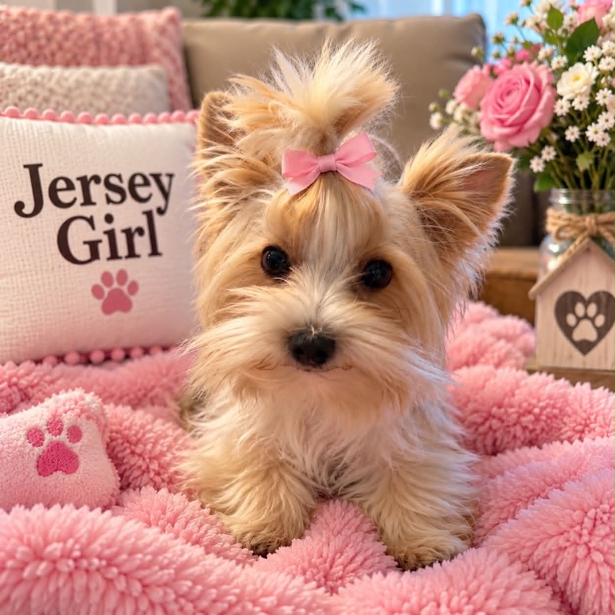 Jersey, a blonde chocolate Yorkshire Terrier dam at Big Sky Yorkies