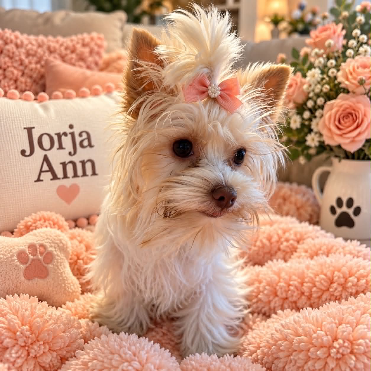 Jorja Ann, a blonde chocolate Yorkshire Terrier dam at Big Sky Yorkies